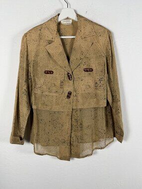 Vintage Vera Cristina Tan Silk Paint Splatter Sheer Panel Blazer Jacket Small